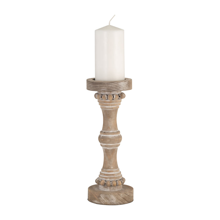 Wood, 13" Banded Bead Candle Holder, Antique White