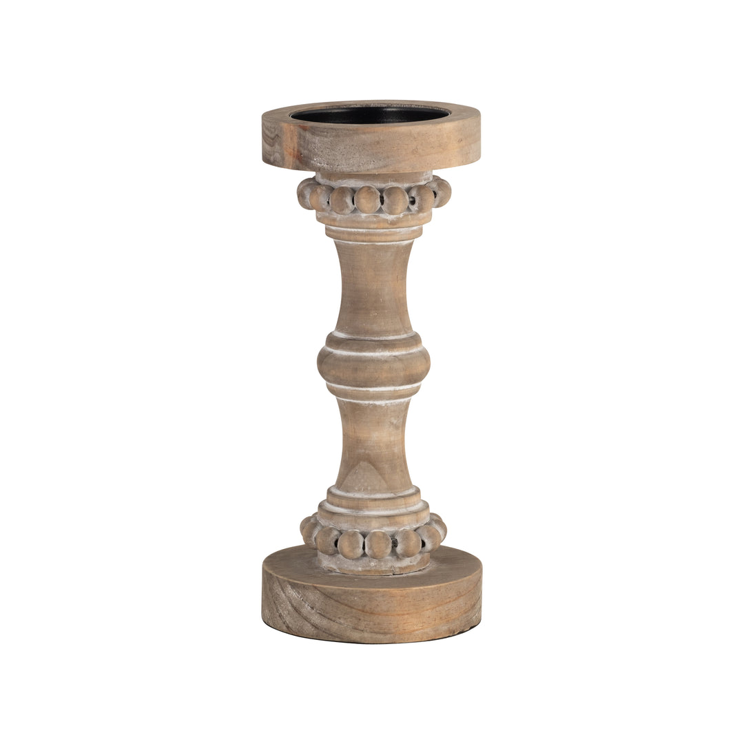 Wood, 11" Banded Bead Candle Holder, Antique White