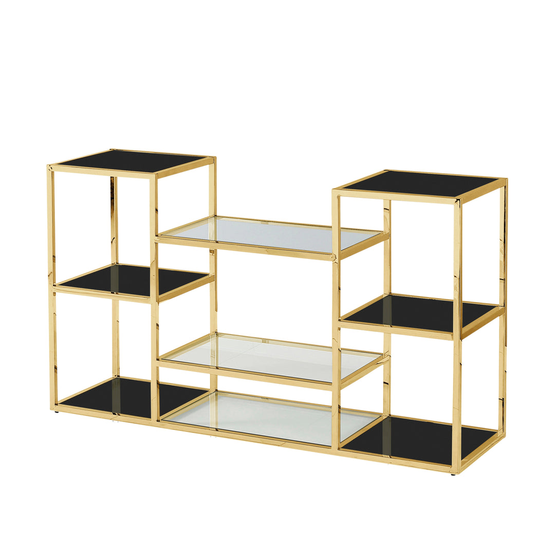 STAINLESS STEEL, CONSOLE TABLE, GOLD/BLACK GLASS