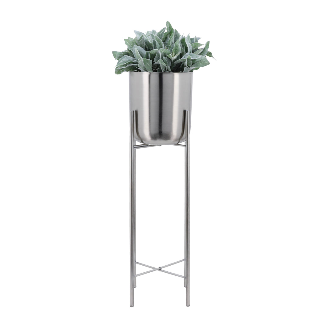 S/3 METAL PLANTERS ON STAND 40/30/20"H, SILVER/SIL