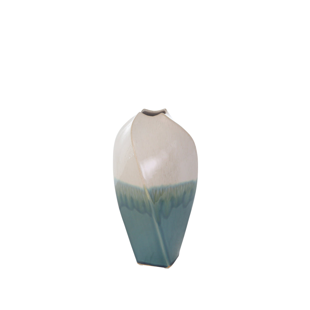 CERAMIC 12" TWIST VASE, WHITE/BLUE