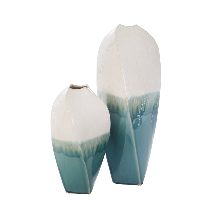 CERAMIC 12" TWIST VASE, WHITE/BLUE