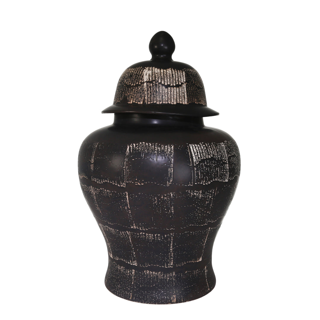 CERAMIC 28" TEMPLE JAR, ANTIQUE BLACK