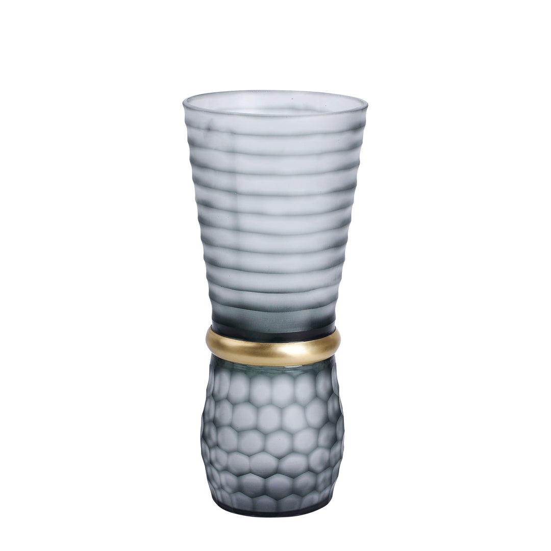 GLASS 14" VASE W/ GOLD BAND, GRAY