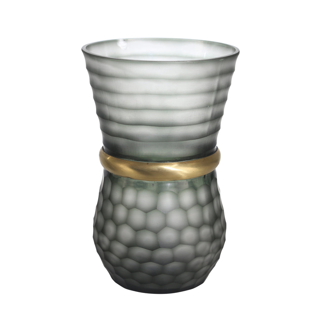 GLASS 11" VASE W/ GOLD BAND, GRAY