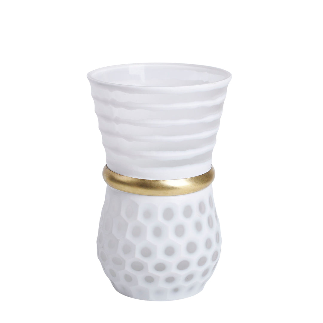 GLASS 11" VASE W/ GOLD BAND, WHITE