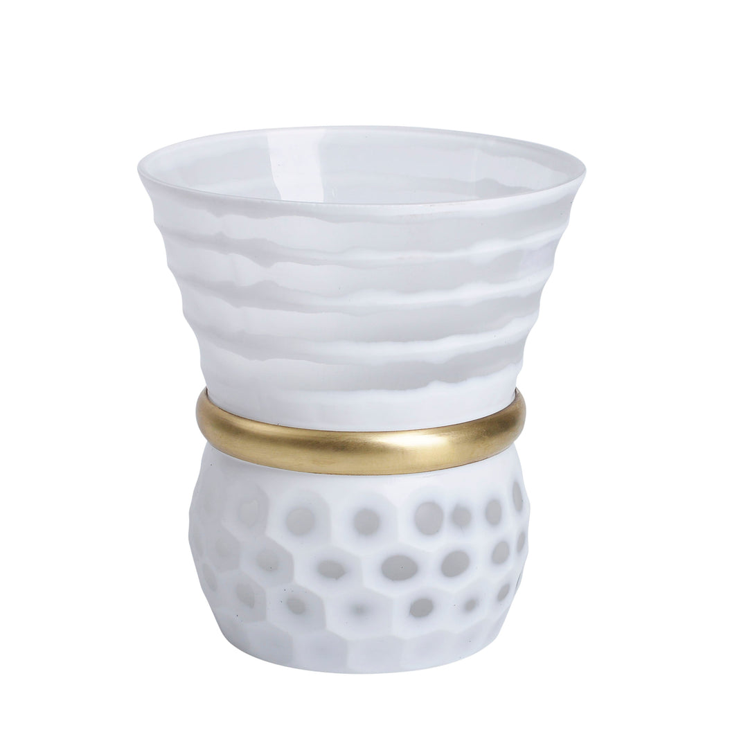 GLASS 8" VASE W/ GOLD BAND, WHITE