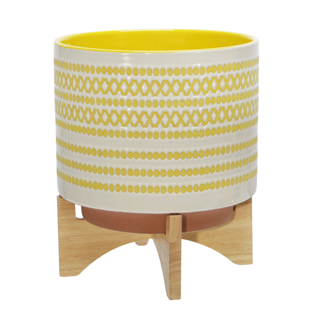 CERAMIC 11" PLANTER ON STAND W/ DOTS, YELLOW