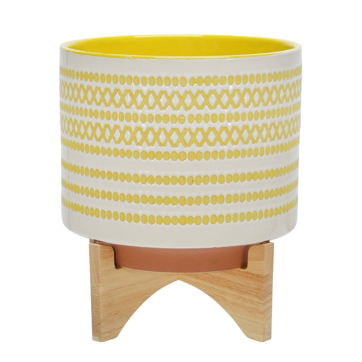 CERAMIC 11" PLANTER ON STAND W/ DOTS, YELLOW