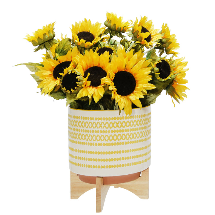 CERAMIC 11" PLANTER ON STAND W/ DOTS, YELLOW