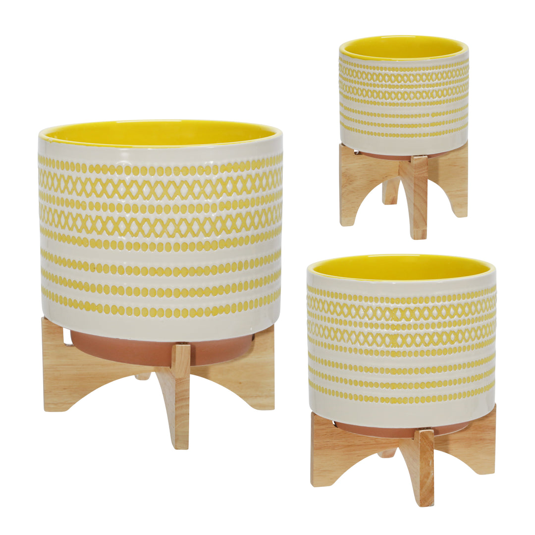 CERAMIC 11" PLANTER ON STAND W/ DOTS, YELLOW