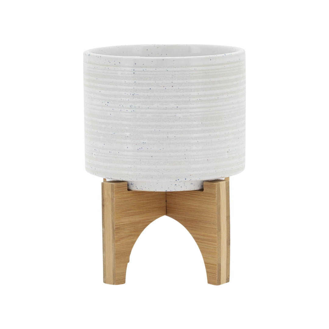 CERAMIC 5" PLANTER ON STAND, SPECKLED WHITE