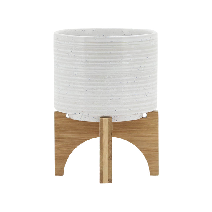 CERAMIC 5" PLANTER ON STAND, SPECKLED WHITE