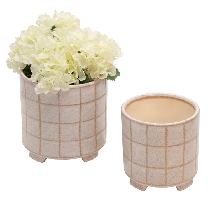 S/2 CERAMIC FOOTED PLANTER, BEIGE