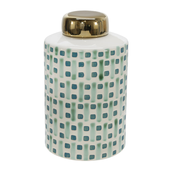 CERAMIC 9" JAR WITH GOLD LID, GREEN/WHITE