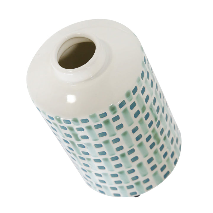 CERAMIC 9" JAR WITH GOLD LID, GREEN/WHITE