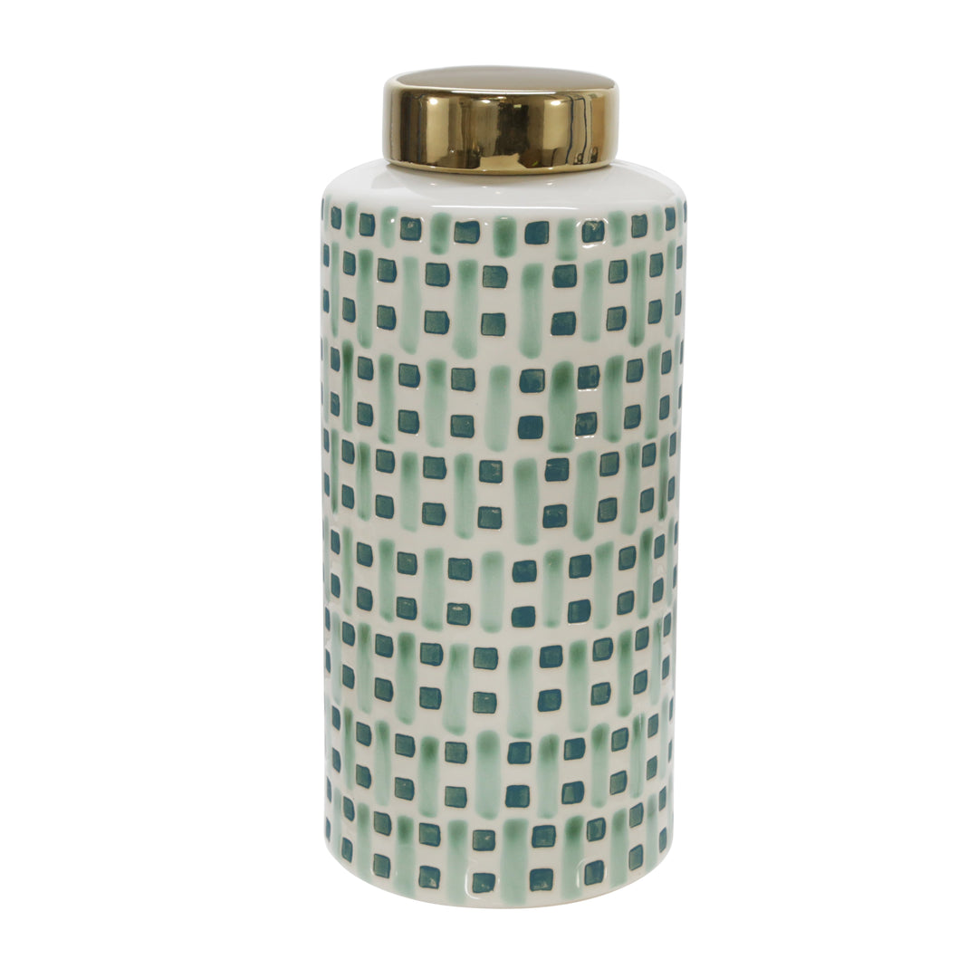 CERAMIC 13" JAR WITH GOLD LID, GREEN/WHITE