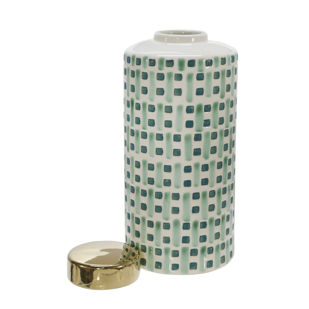 CERAMIC 13" JAR WITH GOLD LID, GREEN/WHITE