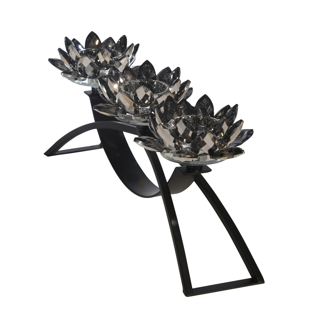 METAL/GLASS 16" 3 LOTUS VOTIVECANDLE HOLDER, BLACK