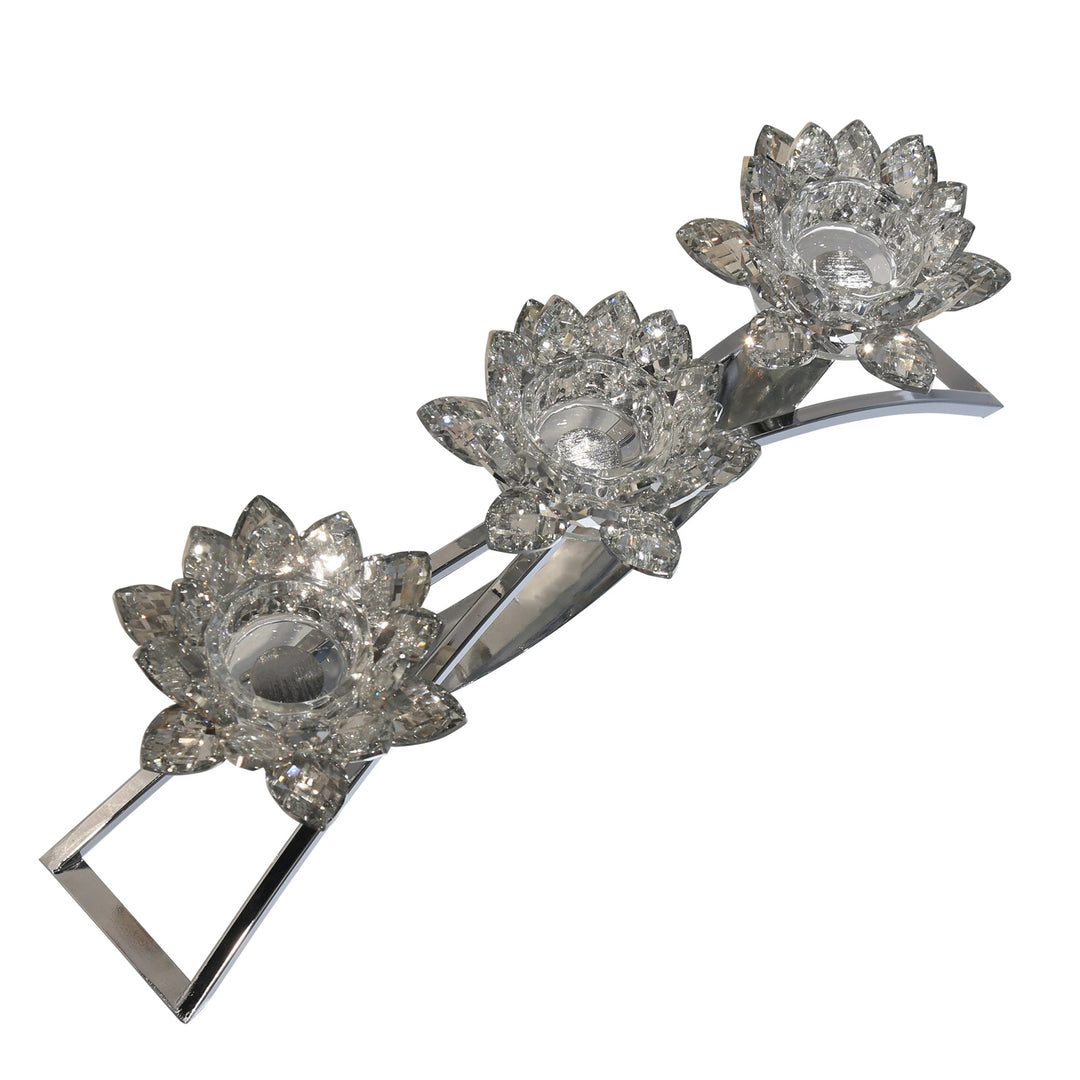 METAL/GLASS 16" 3 LOTUS VOTIVECANDLE HOLDER, SILVE