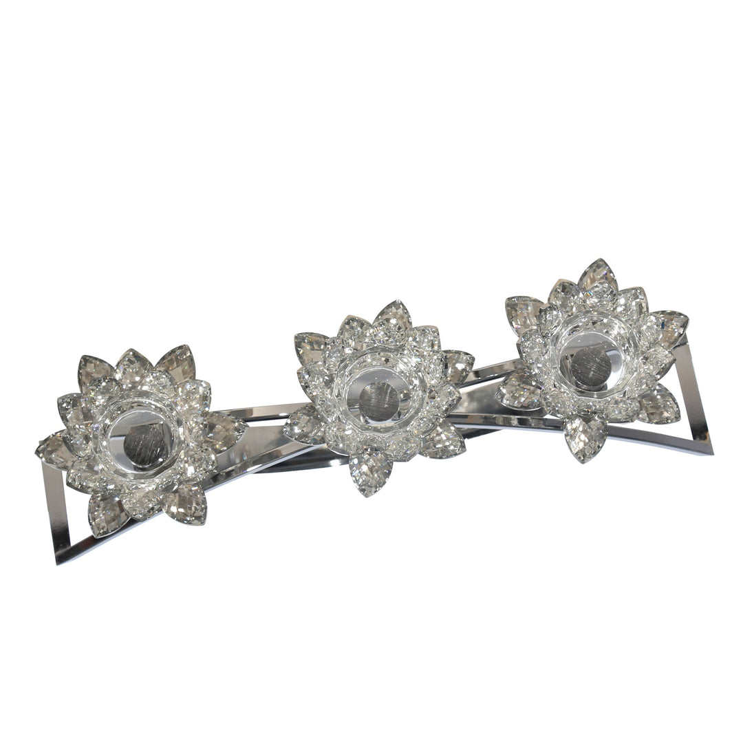 METAL/GLASS 16" 3 LOTUS VOTIVECANDLE HOLDER, SILVE