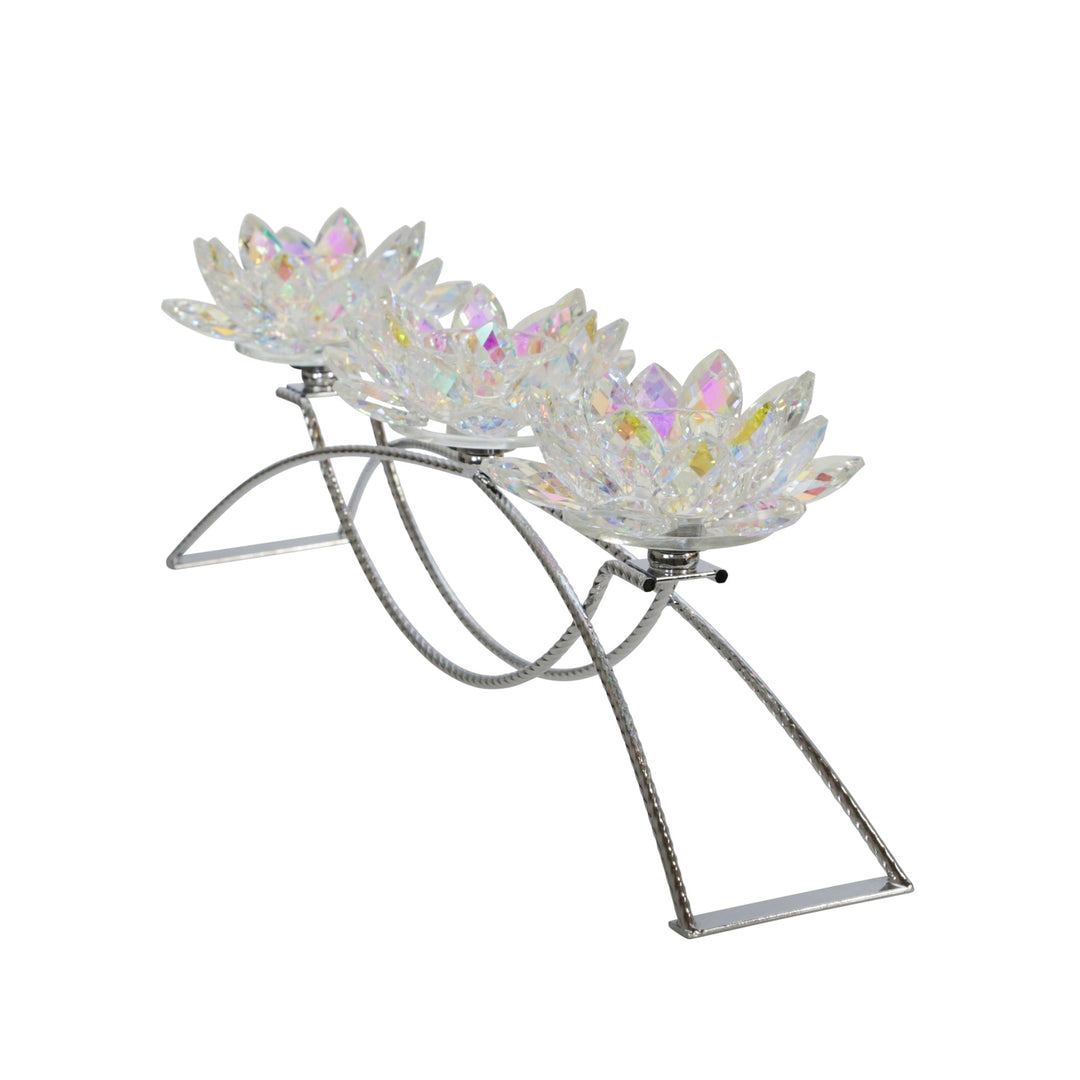 METAL/GLASS 16" 3 LOTUS CANDLE HOLDER,  RAINBOW