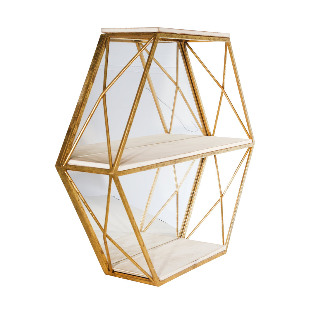 METAL / WOOD 3 TIER HEXAGON WALL SHELF W/ MIRROR,