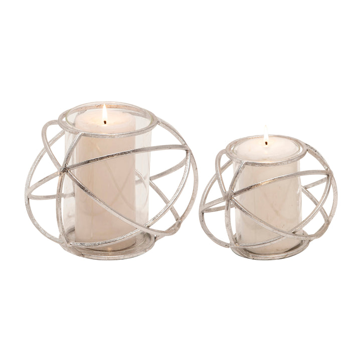 S/2 6" ORB CANDLE HOLDER , SILVER