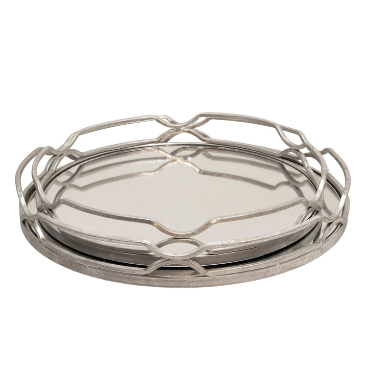 S/2 METAL 18/16" ROUND TRAYS, SILVER LEAF