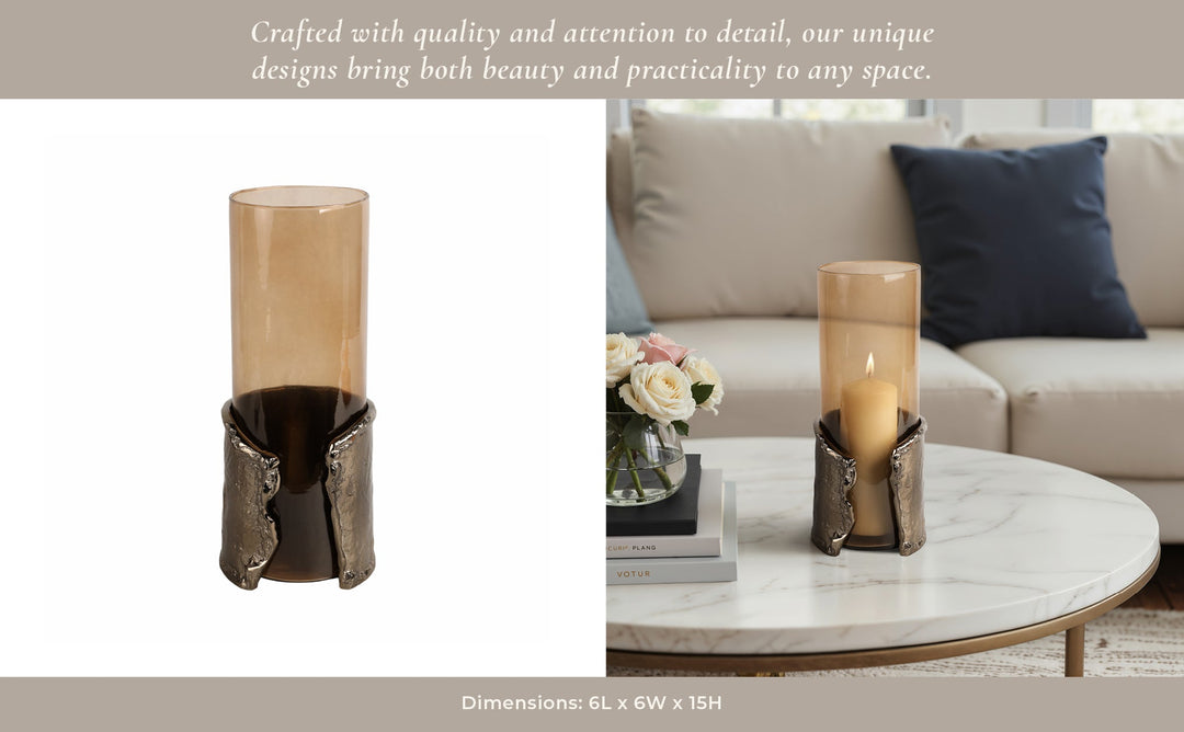 15" MAPUTO LG CANDLE HOLDER GLASS, BROWN