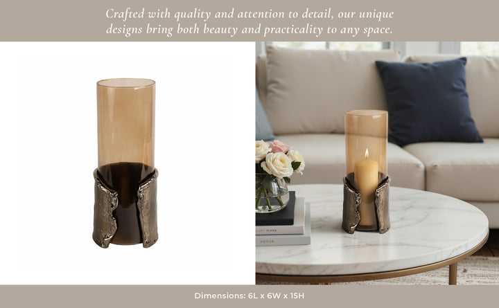 15" MAPUTO LG CANDLE HOLDER GLASS, BROWN