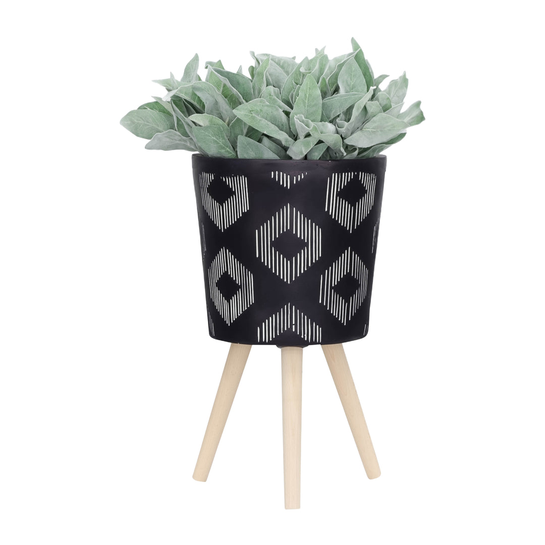 S/2 10/12" Diamond Planter W/ Wood Legs, Black Kd