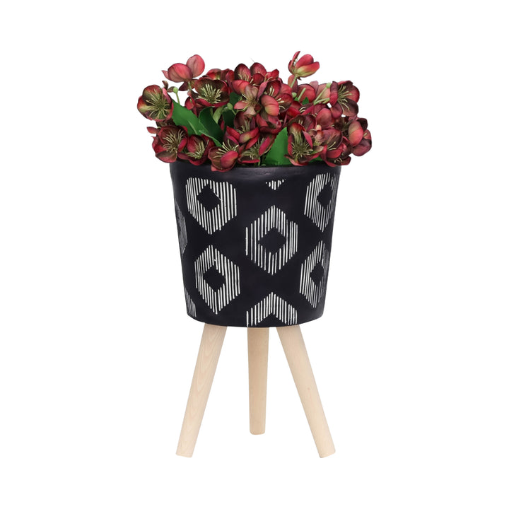 S/2 10/12" Diamond Planter W/ Wood Legs, Black Kd