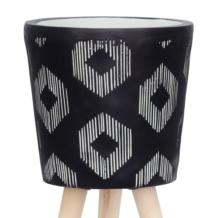 S/2 10/12" Diamond Planter W/ Wood Legs, Black Kd