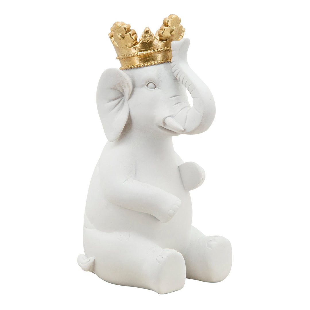 8" ELEPHANT W/ CROWN FIGURINE, WHITE/GOLD