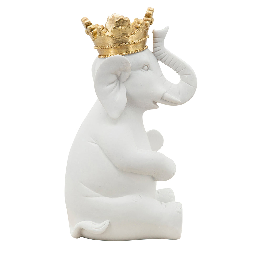 8" ELEPHANT W/ CROWN FIGURINE, WHITE/GOLD