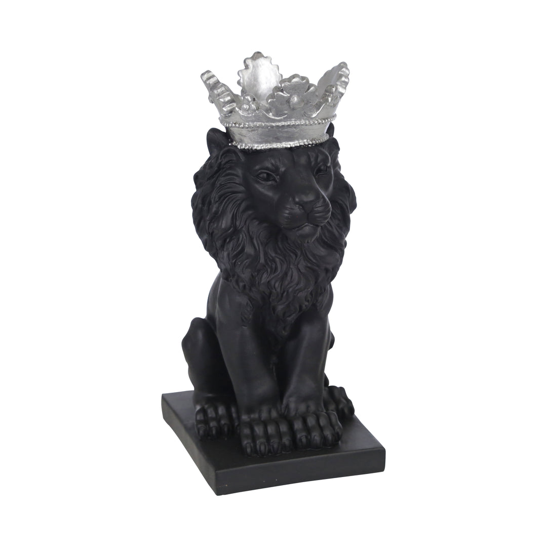 POLYRESIN 8" LION W/ CROWN FIGURINE, BLACK/SILVER