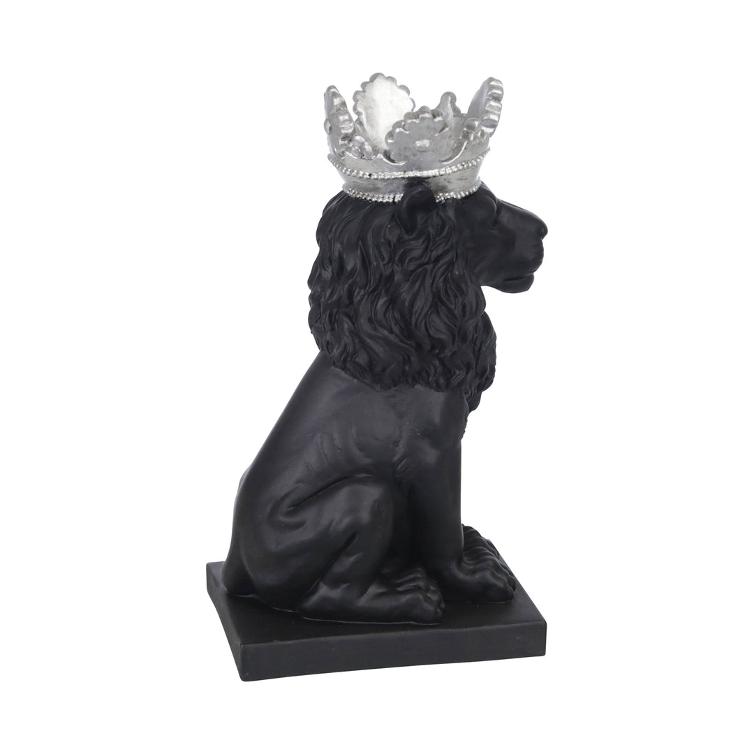 POLYRESIN 8" LION W/ CROWN FIGURINE, BLACK/SILVER