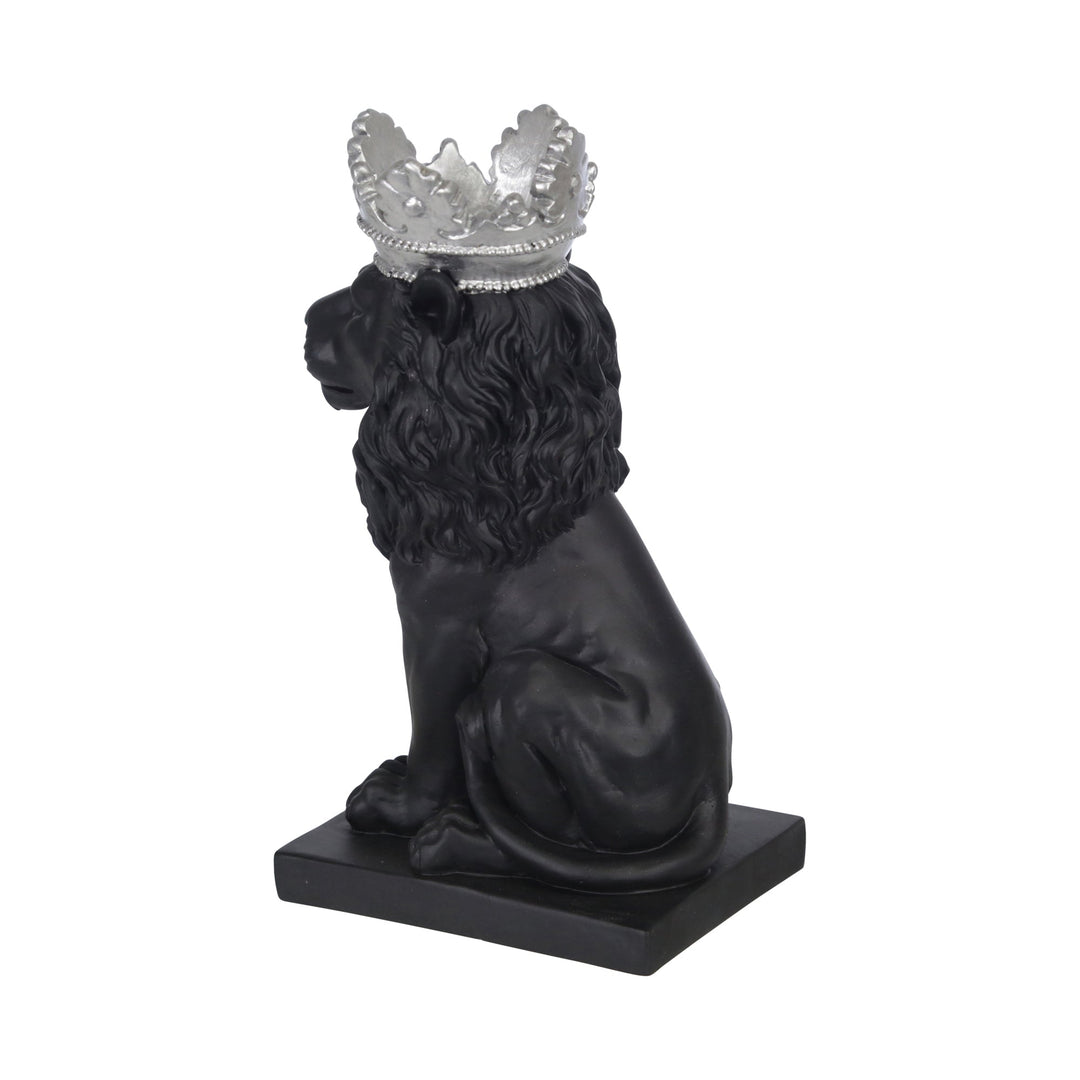 POLYRESIN 8" LION W/ CROWN FIGURINE, BLACK/SILVER