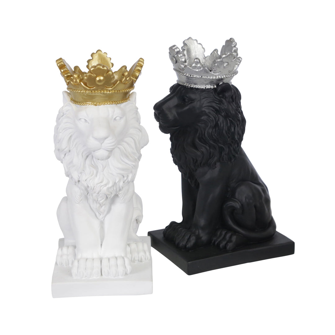 POLYRESIN 8" LION W/ CROWN FIGURINE, BLACK/SILVER