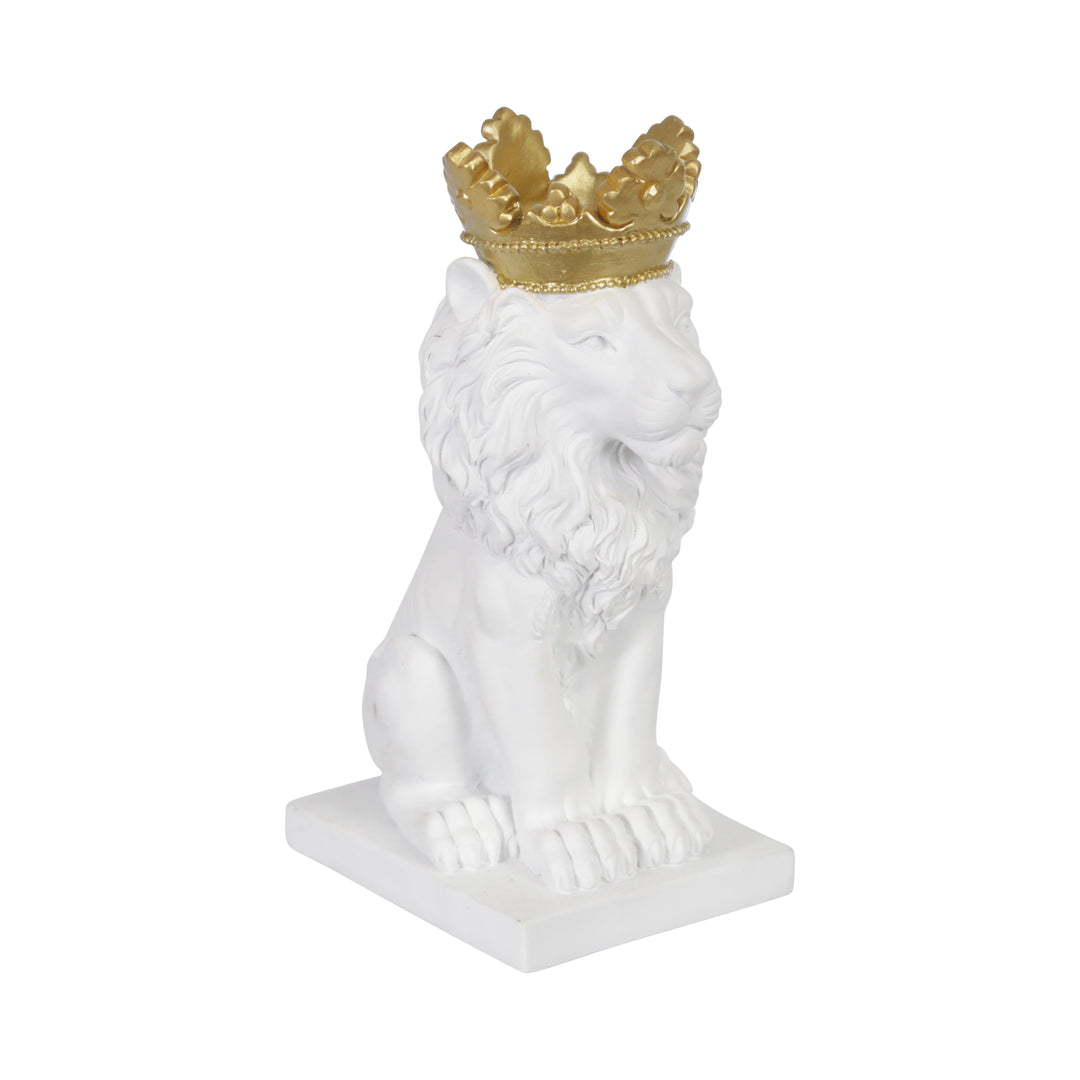 POLYRESIN 8" LION W/ CROWN FIGURINE, WHITE/GOLD