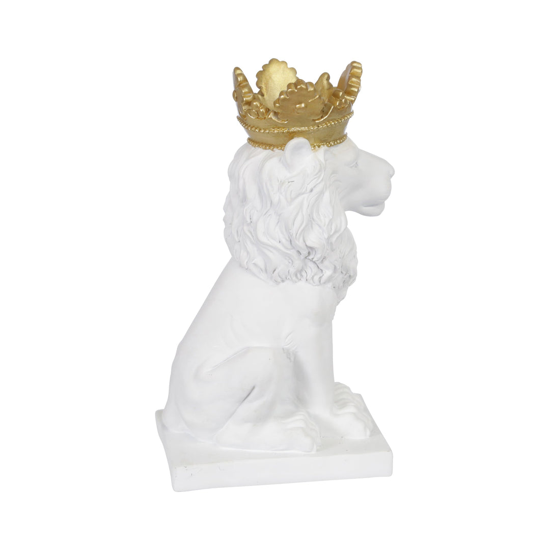 POLYRESIN 8" LION W/ CROWN FIGURINE, WHITE/GOLD