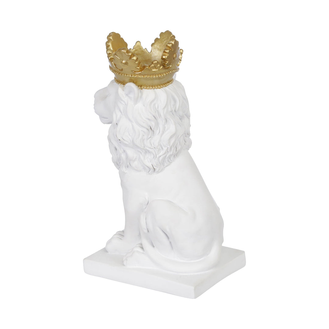 POLYRESIN 8" LION W/ CROWN FIGURINE, WHITE/GOLD