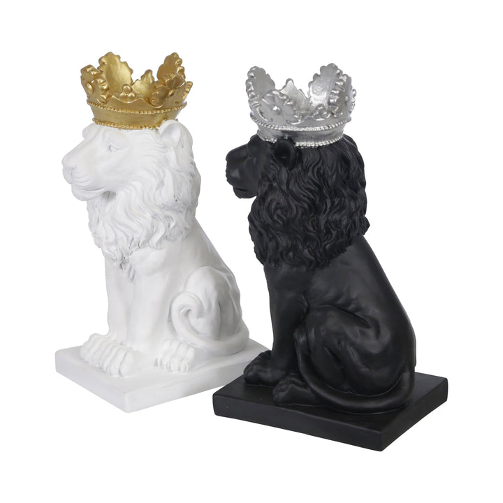 POLYRESIN 8" LION W/ CROWN FIGURINE, WHITE/GOLD