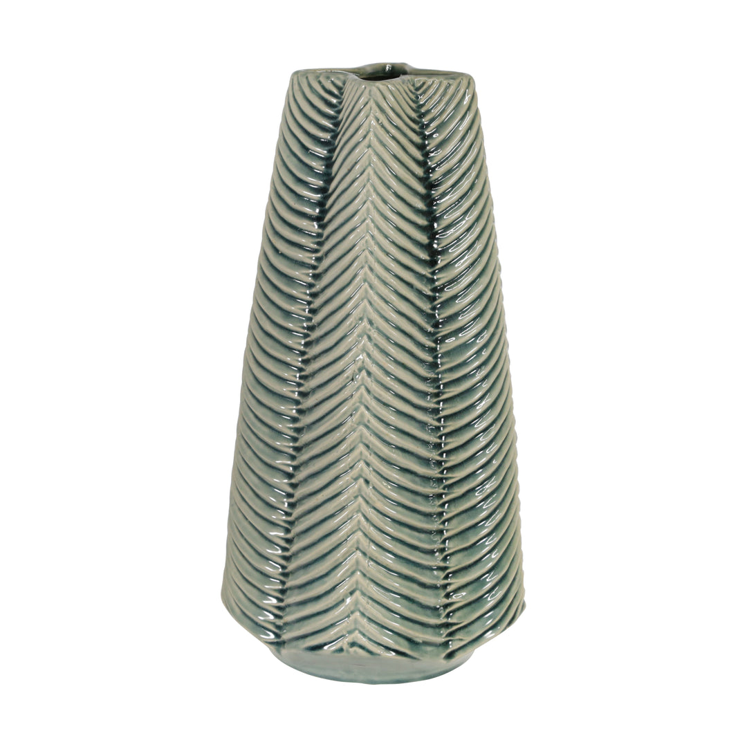 CERAMIC 16" RIBBED VASE, GREEN