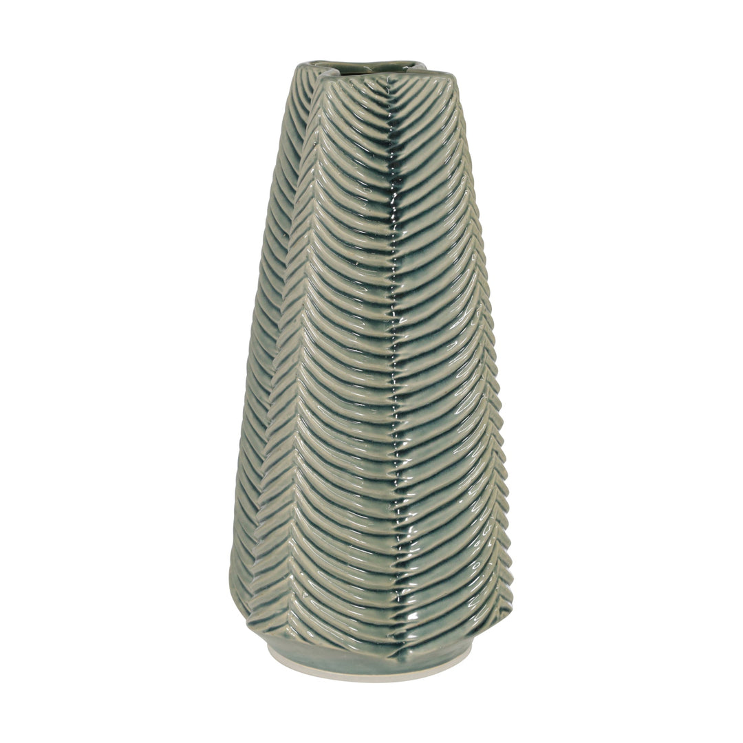 CERAMIC 16" RIBBED VASE, GREEN