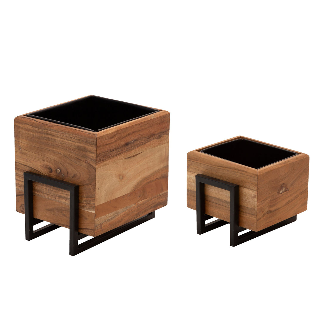 S/2 WOOD/METAL 7/10" SQUARE PLANTERS, BROWN/BLACK