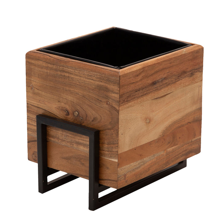 S/2 WOOD/METAL 7/10" SQUARE PLANTERS, BROWN/BLACK