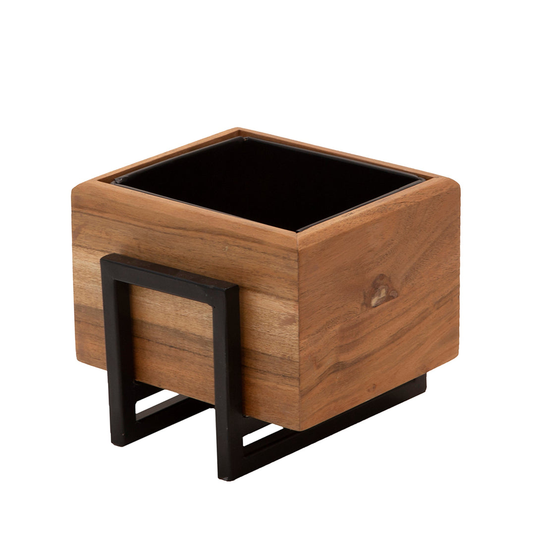 S/2 WOOD/METAL 7/10" SQUARE PLANTERS, BROWN/BLACK