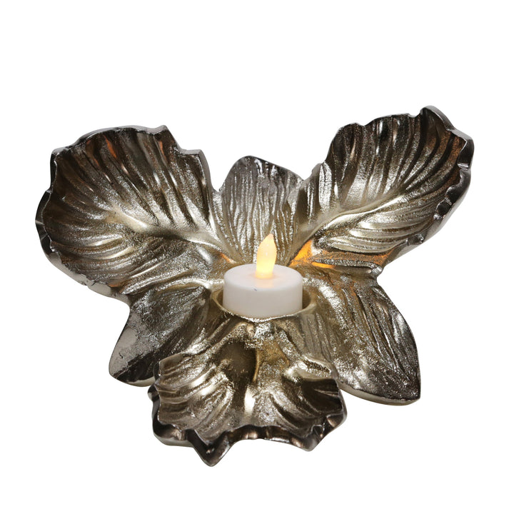 METAL 12" ORCHID TEALIGHT CANDLE HOLDER, GOLD